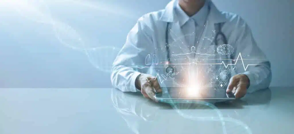 medicine doctor holding electronic medical record on tablet. dna. digital healthcare and network connection on hologram virtual interface, science and innovative, medical technology and network concept